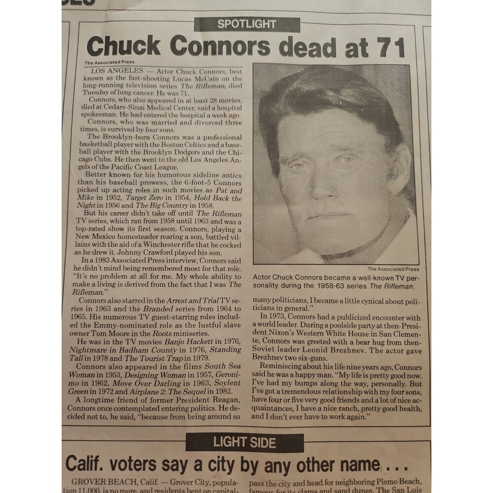 Chuck Connor Death Article The Commerical Appeal Vintage Newspaper 1992